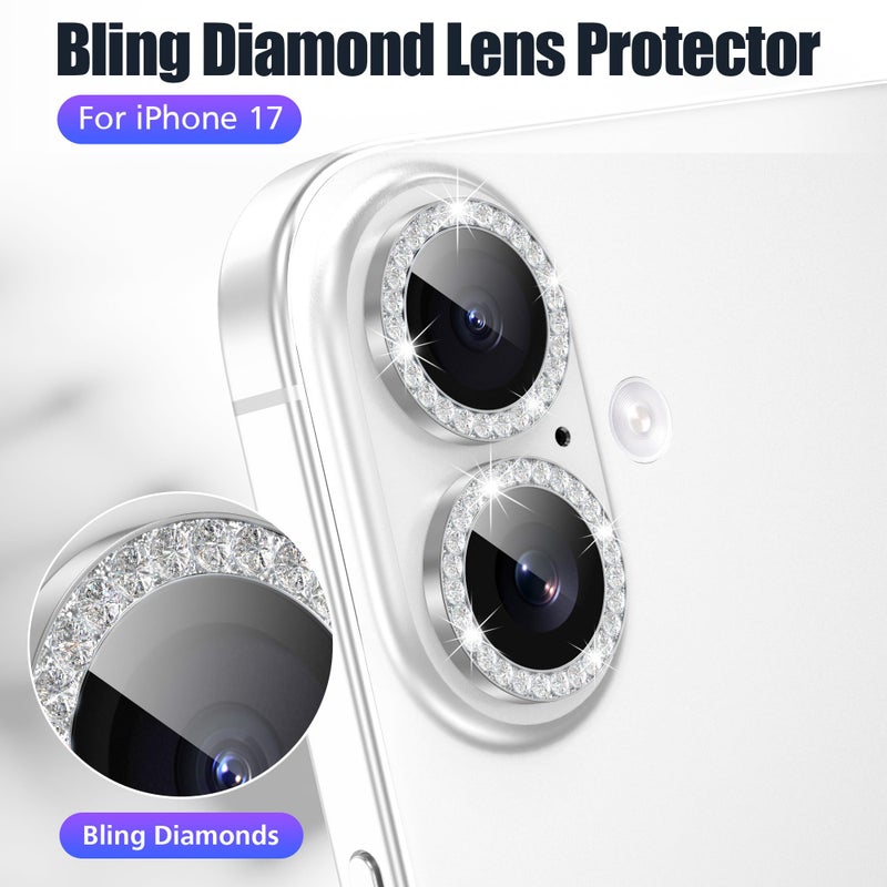 AGVEE 3+3 6 Pack for iPhone 17 6.3" Camera Lens Protector, Bling Diamond & Bling Glitter Metal Ring 9H Tempered HD Glass Camera Cover Film, Bling-Silver - Image 4