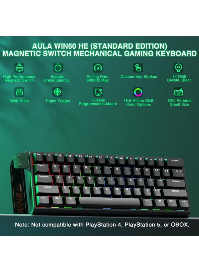 لوحة مفاتيح ألعاب ميكانيكية Aula WIN60 HE سلكية بتصميم مضغوط 60%، تدعم تبديل المفاتيح المغناطيسية الساخن، مع وضع المشغل السريع ومسافة تفعيل قابلة للتعديل، ومعدل استطلاع 8000 هرتز، وإضاءة RGB - Image 2