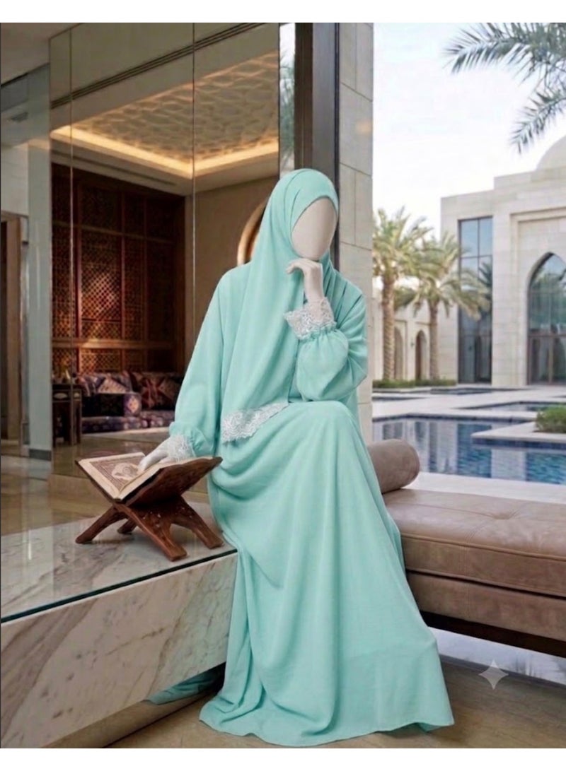 AMYAE Prayer Dress for Women One Piece | Islamic Modest Chiffon Jilbab with Attached Hijab | Long Sleeve Full Coverage Namaz Salah Dress for Umrah & Hajj | Mint Green - Image 4
