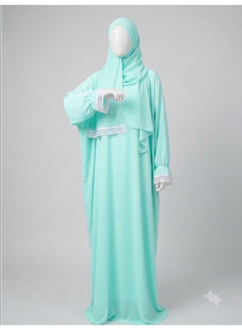 AMYAE Prayer Dress for Women One Piece | Islamic Modest Chiffon Jilbab with Attached Hijab | Long Sleeve Full Coverage Namaz Salah Dress for Umrah & Hajj | Mint Green - Image 1