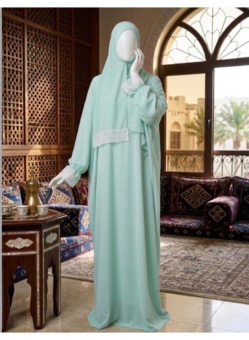 AMYAE Prayer Dress for Women One Piece | Islamic Modest Chiffon Jilbab with Attached Hijab | Long Sleeve Full Coverage Namaz Salah Dress for Umrah & Hajj | Mint Green - Image 2
