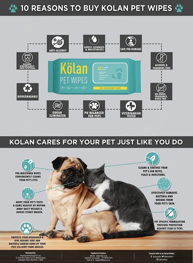 Kolan Pet Wipes 60 Count | Combo Pack of 6 | Fragrance-Free, Grooming Wet Wipes | Eco-Friendly and Biodegradable | for Dogs, Cats, Puppies, Rabbits and Small Pets - Image 5