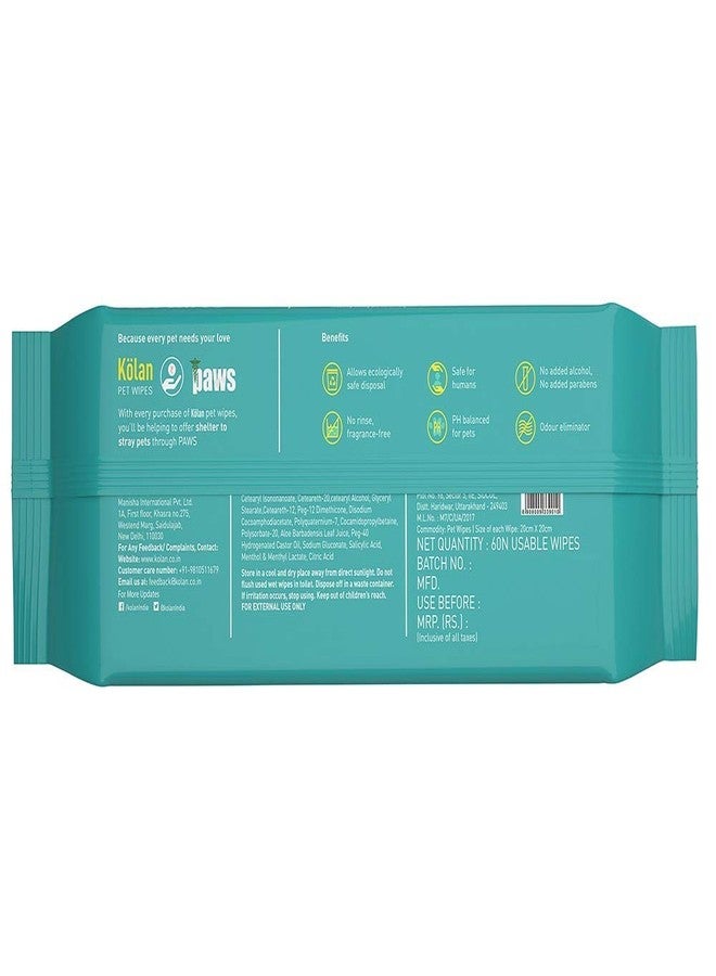Kolan Pet Wipes 60 Count | Combo Pack of 6 | Fragrance-Free, Grooming Wet Wipes | Eco-Friendly and Biodegradable | for Dogs, Cats, Puppies, Rabbits and Small Pets - Image 2