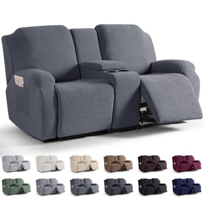 KinCam Loveseat Recliner Covers with Middle Console Slipcover, Recliner Sofa Covers 2 Seat Couch Cover Stripe Jacquard Furniture Protector Covers with Elastic Bottom for Kids, Pets (Dark Gray) - Image 1