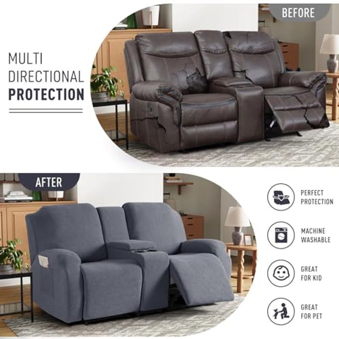 KinCam Loveseat Recliner Covers with Middle Console Slipcover, Recliner Sofa Covers 2 Seat Couch Cover Stripe Jacquard Furniture Protector Covers with Elastic Bottom for Kids, Pets (Dark Gray) - Image 3