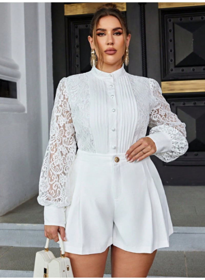 Women's playsuit with lace sleeves and shorts