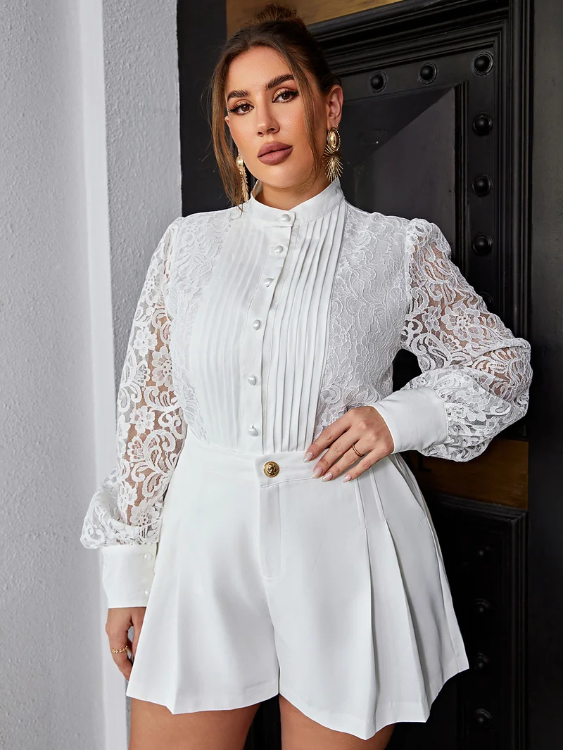 Simplee Mock Neck Lace Panel Long Sleeve Top & High Waist Wide Leg Shorts Set, Waist Cinched A Line, Gentle Vacation Co-ord Set