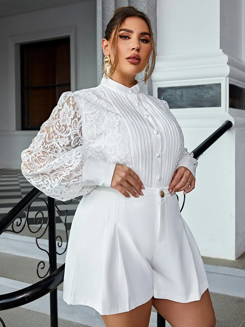 Simplee Mock Neck Lace Panel Long Sleeve Top & High Waist Wide Leg Shorts Set, Waist Cinched A Line, Gentle Vacation Co-ord Set
