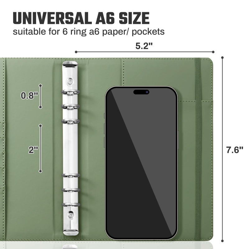 Ovesmusl Aesthetic A6 Binder 6 Ring Refillable Notebook Planner Cover Small 0.8 Inch Loose Leaf Binder for Journaling or Collections Refillable Notebook Holder with Pocket,Green - Image 5