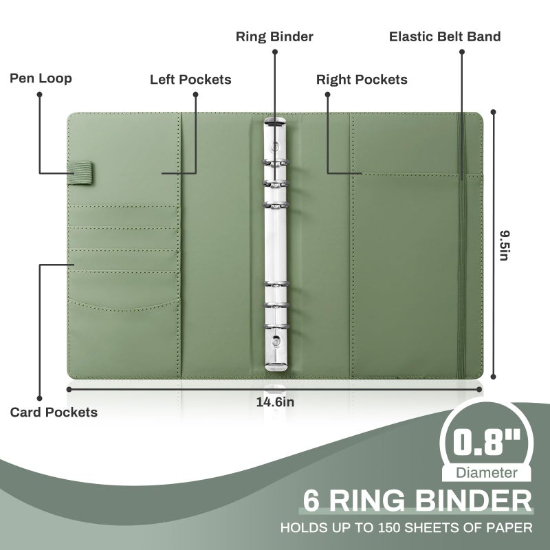 Ovesmusl Aesthetic A6 Binder 6 Ring Refillable Notebook Planner Cover Small 0.8 Inch Loose Leaf Binder for Journaling or Collections Refillable Notebook Holder with Pocket,Green - Image 3
