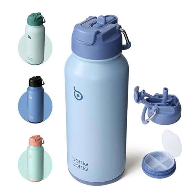 BOTTLE BOTTLE 32 oz Insulated Water Bottle Stainless Steel Sport Water Bottle with Straw Dual-use Lid Design for Gym with Pill Box (blue)