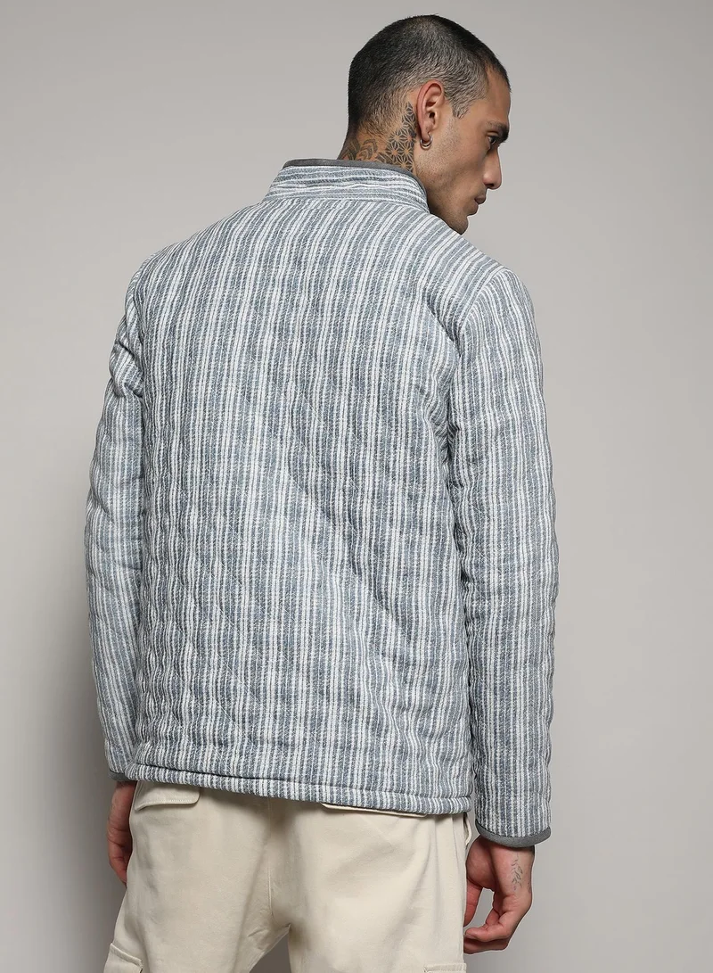 Campus Sutra Men's White & Light Grey Striped Quilted Bomber Jacket
