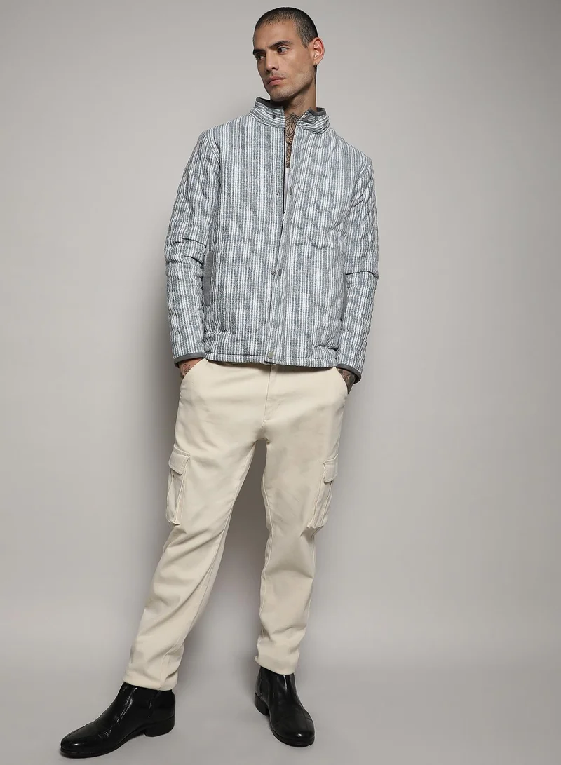 Campus Sutra Men's White & Light Grey Striped Quilted Bomber Jacket