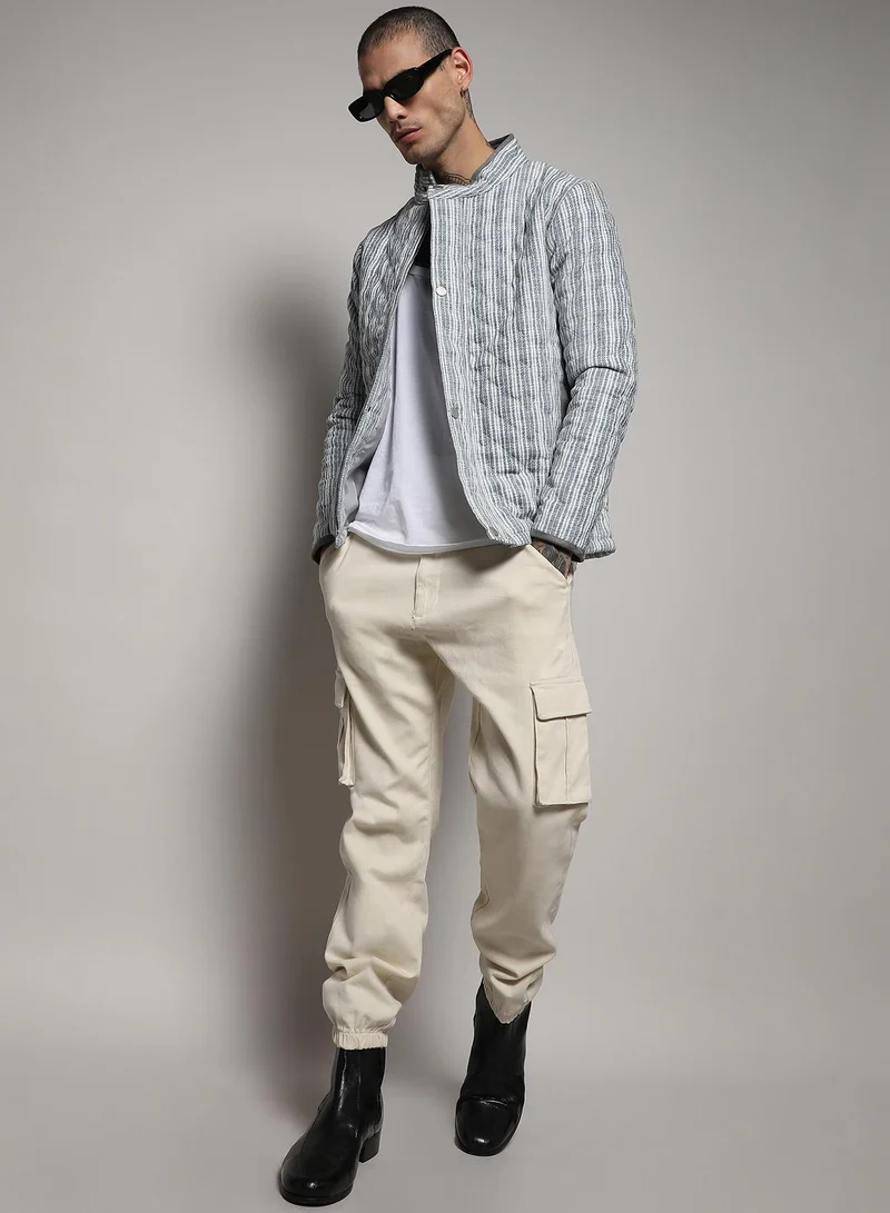 Campus Sutra Men's White & Light Grey Striped Quilted Bomber Jacket