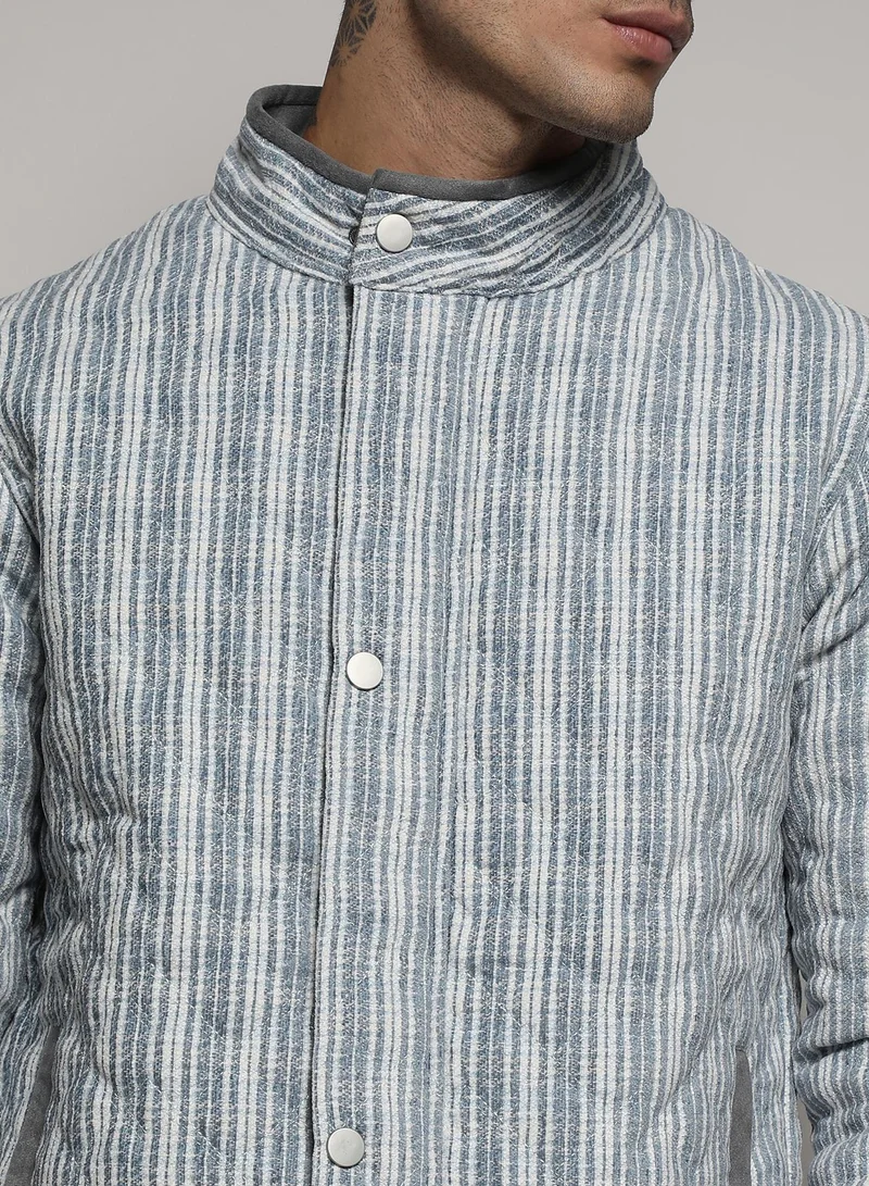 Campus Sutra Men's White & Light Grey Striped Quilted Bomber Jacket
