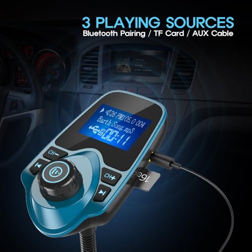 Nulaxy Bluetooth Car FM Transmitter Audio Adapter Receiver Wireless Handsfree Voltmeter Car Kit TF Card AUX 1.44 Display – KM18 Peacock Blue - Image 5