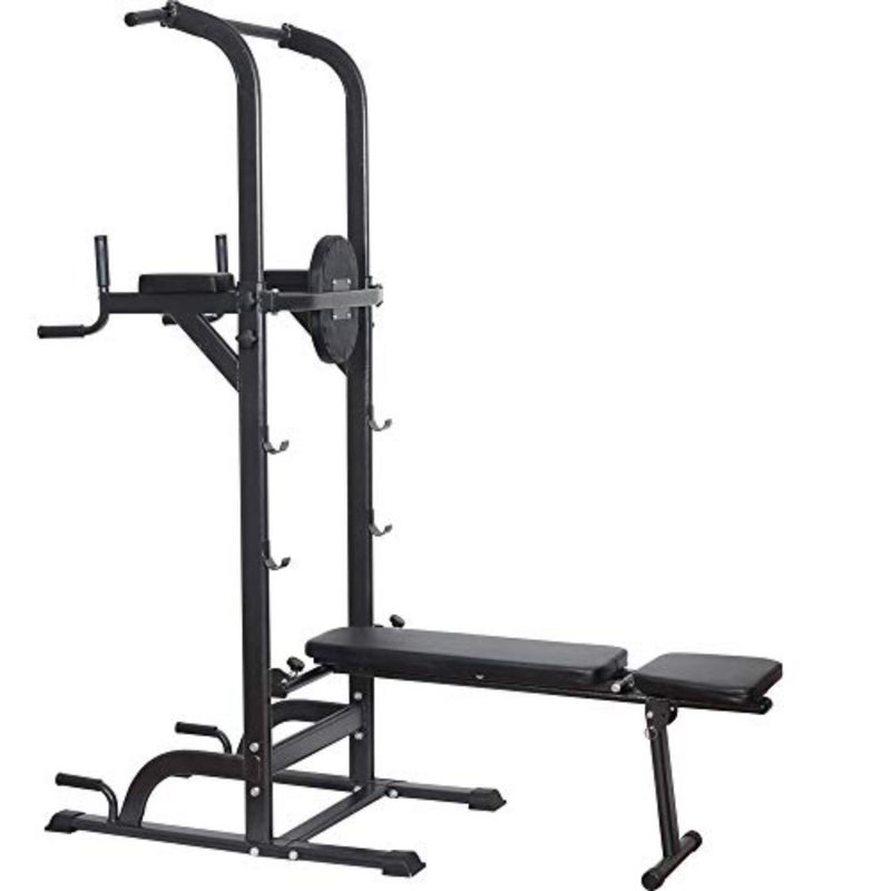 Home gym dip station with heavy duty steel construction, black finish, supports up to 800 lbs, adjustable height, multi-function for pull-ups, chin-ups, dips, and sit-ups - Image 1