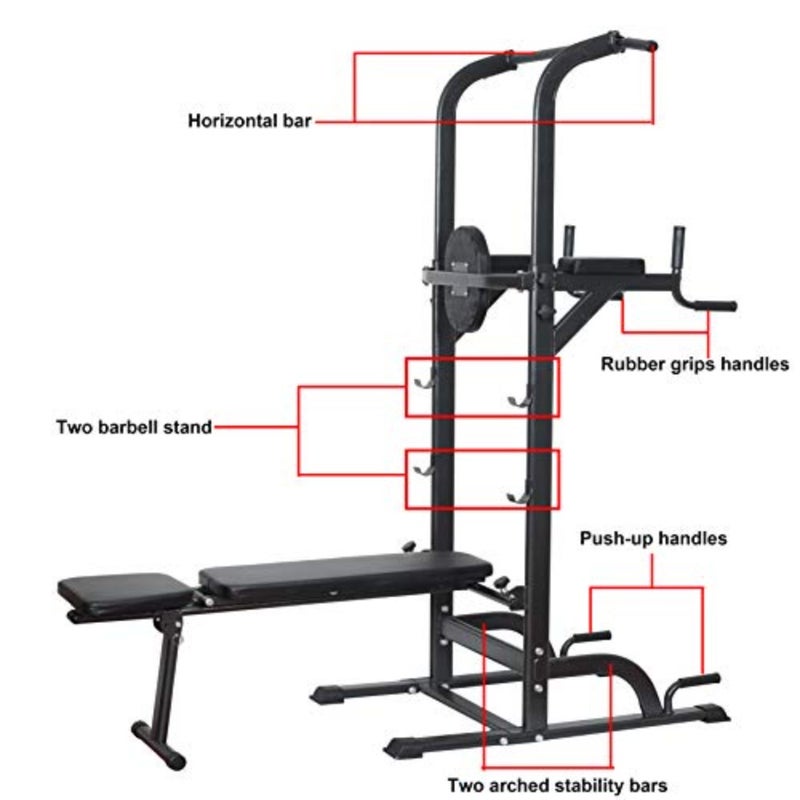 Home gym dip station with heavy duty steel construction, black finish, supports up to 800 lbs, adjustable height, multi-function for pull-ups, chin-ups, dips, and sit-ups - Image 4