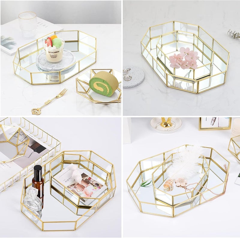 Hipiwe gold perfume tray - glass mirror makeup tray ornate vanity tray dresser tray jewelry trinket organizer tray for bathroom storage tray for home decor,12.4''x 8.5'' - Image 2
