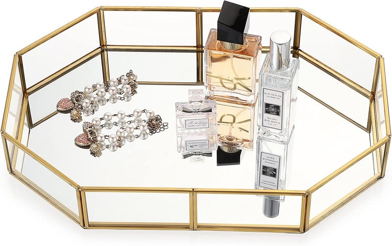 Hipiwe gold perfume tray - glass mirror makeup tray ornate vanity tray dresser tray jewelry trinket organizer tray for bathroom storage tray for home decor,12.4''x 8.5'' - Image 3
