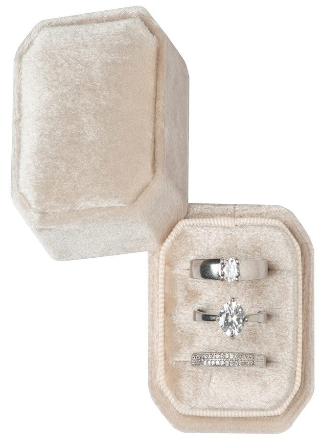 Giftop Cut-Edge Octagon Velvet Ring Box Storage 3 Slots for Wedding Ceremony Proposal Engagement Birthday (Beige) - Image 1