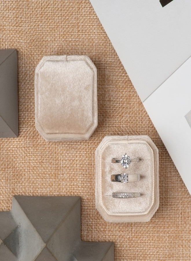 Giftop Cut-Edge Octagon Velvet Ring Box Storage 3 Slots for Wedding Ceremony Proposal Engagement Birthday (Beige) - Image 3