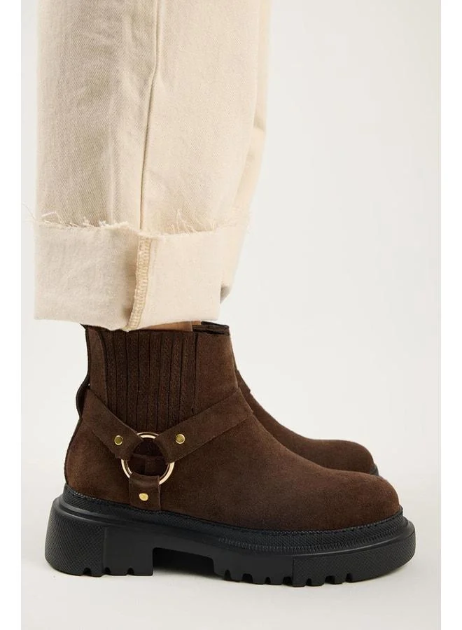 Tessa Women's Genuine Leather Elastic Ring-Accessory Coffee Boot.