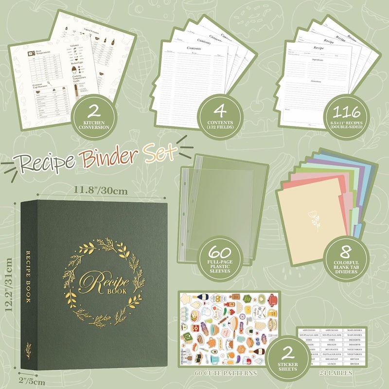 Lanpn Recipe Binder 8.5x11 3 Ring Kit, Waterproof Organizer Binder to Write in Your Own Recipes, Blank Recipe Book with 60 Plastic Sleeves,116 Recipes, Dividers, Labels & Stickers, Green - Image 3