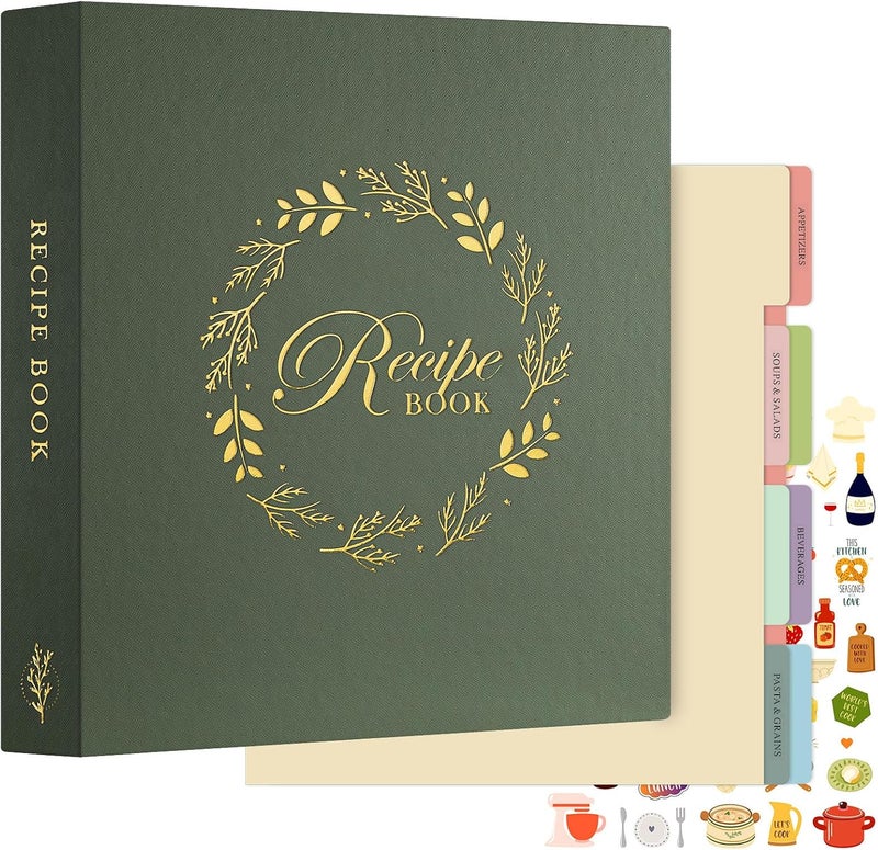 Lanpn Recipe Binder 8.5x11 3 Ring Kit, Waterproof Organizer Binder to Write in Your Own Recipes, Blank Recipe Book with 60 Plastic Sleeves,116 Recipes, Dividers, Labels & Stickers, Green - Image 1