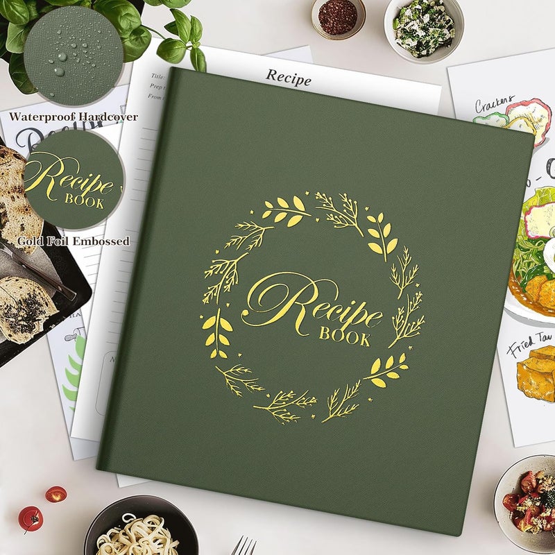 Lanpn Recipe Binder 8.5x11 3 Ring Kit, Waterproof Organizer Binder to Write in Your Own Recipes, Blank Recipe Book with 60 Plastic Sleeves,116 Recipes, Dividers, Labels & Stickers, Green - Image 2
