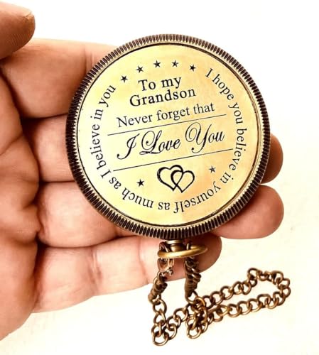 ALADEAN Gift for Grandson Brass Compass Engraved Quote Memory Present to My Grandson Birthday Baptism Graduation Confirmation Love Gift idea by Grandpa Grandma 1 Grandson I Love You - Image 3