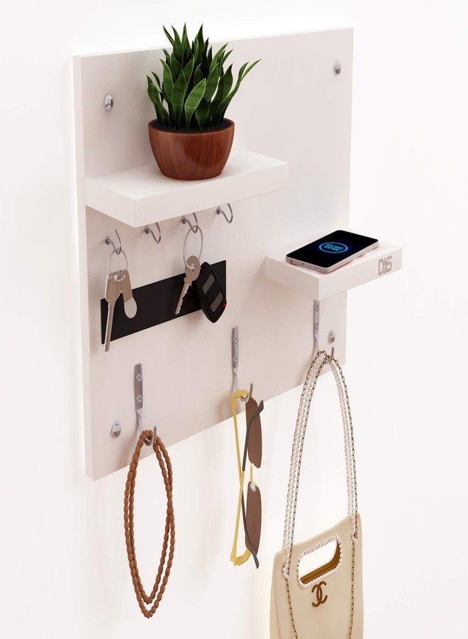 DAS Wall Mounted Home Décor Key Chain Holder/Organizer Key Hooks with Double Wall Shelf Display Rack Frosty White (7 Hooks)- Diana - Image 1