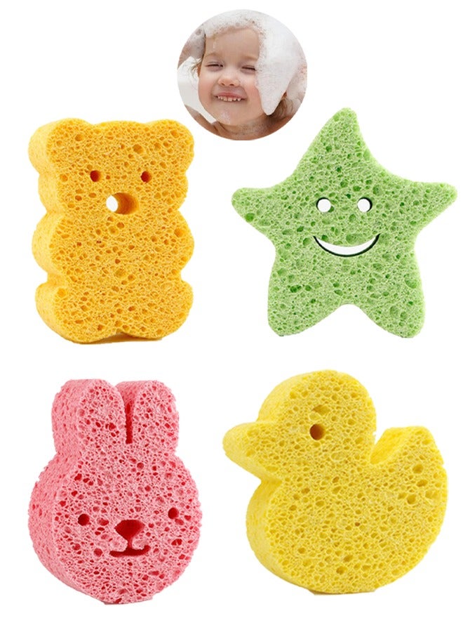 4 Pack Premium Bath Sponge, Fast Drying Baby Bath Tub Sponge, Bath Foam Rub Shower Sponge, Cute Animal Shapes, Fun Baby Shower Sponge for Babies and Children - Image 1