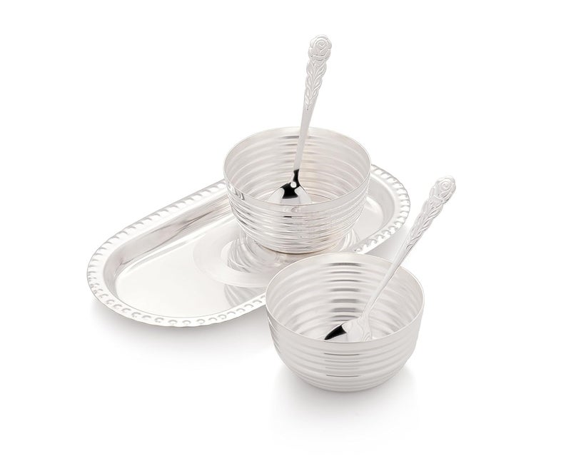 Silver Glow Silverglow Calibre Serving Set Silver Plated Bowl Set of 5 Dry Fruits Snacks containers Serving Tray Bowl Set Tableware Set Perfect Diwali Office Wedding Return Gift - Image 1