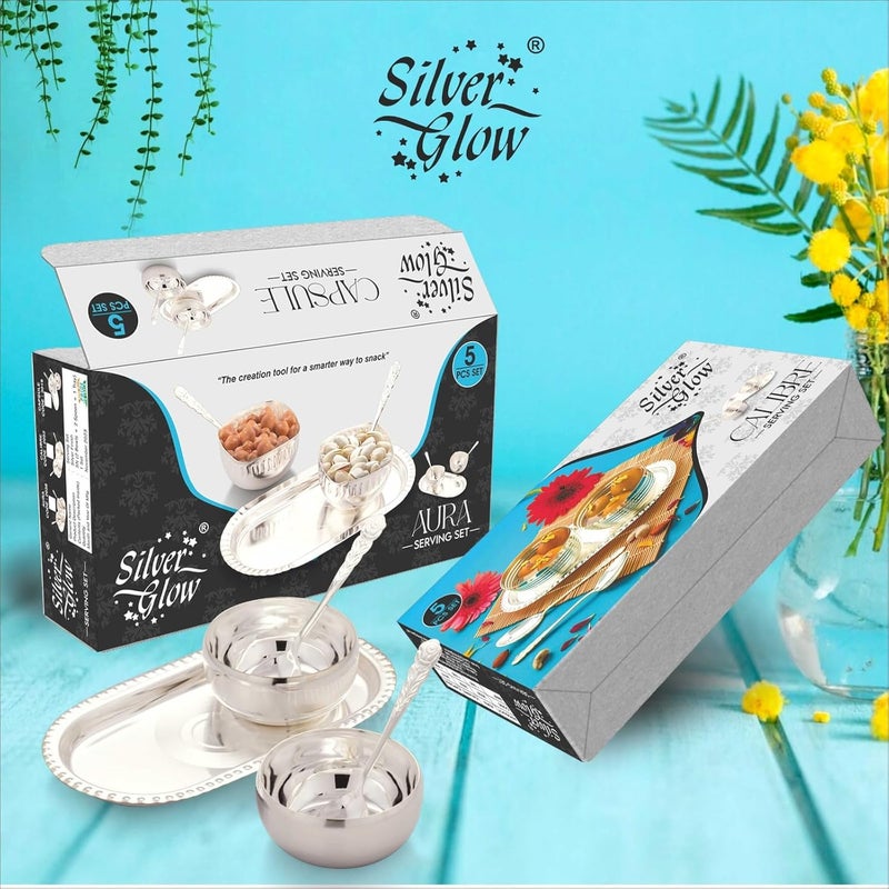 Silver Glow Silverglow Calibre Serving Set Silver Plated Bowl Set of 5 Dry Fruits Snacks containers Serving Tray Bowl Set Tableware Set Perfect Diwali Office Wedding Return Gift - Image 5