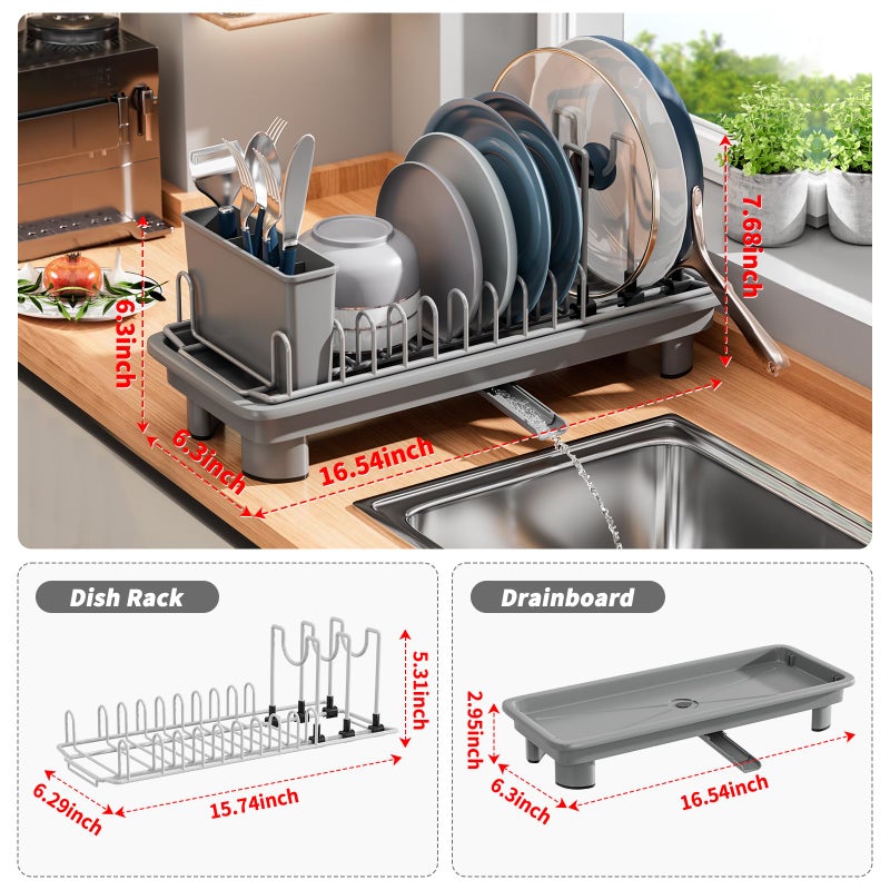 SanDream Small Dish Drying Rack with Removable Utensil Holder & Anti-Scratch Base - Stainless Steel Dish Rack, Dish Drying Rack with Drainage & Space Saving Design for Kitchen Counter, Gray - Image 3