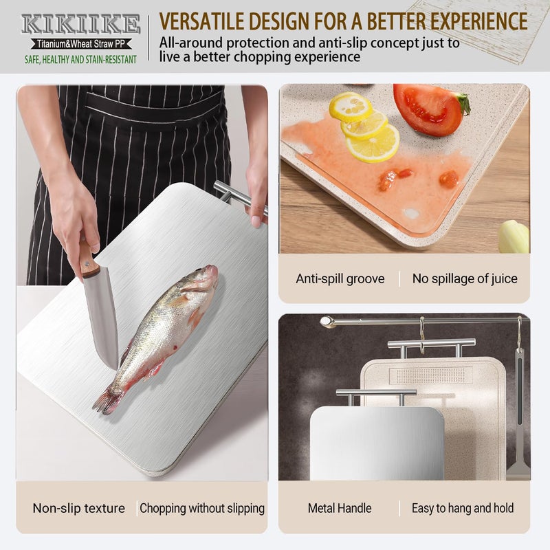KIKIIKE Titanium Cutting Board Double Sided Pure Titanium Cutting Boards for Kitchen, Pure titanium & Wheat Straw PP Food Grade metal chopping boards Easy to Clean Large Size - Image 3