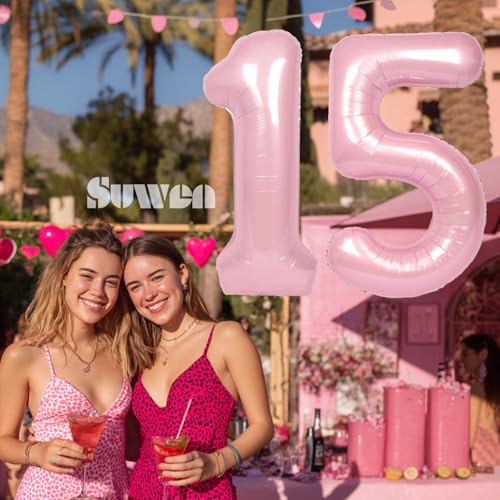 SUWEN 40 Inch Pink Large 15 Number Balloons Big Foil Helium Number Balloons 09 Jumbo Happy 15th Mylar Birthday Party Decorations for Girl or Women 51 Anniversary Party Supplies - Image 5