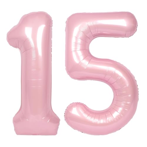 SUWEN 40 Inch Pink Large 15 Number Balloons Big Foil Helium Number Balloons 09 Jumbo Happy 15th Mylar Birthday Party Decorations for Girl or Women 51 Anniversary Party Supplies - Image 1