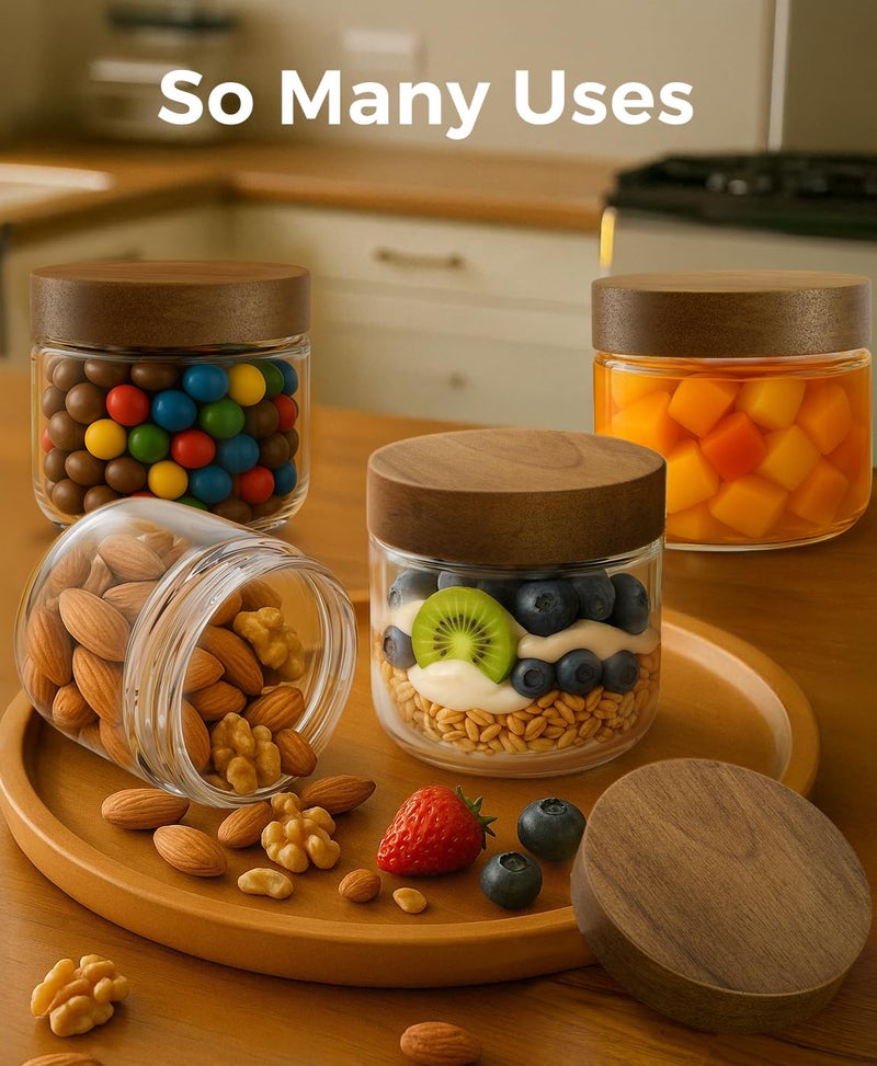 Osfel 10oz 4 Pack Overnight Oats Containers with Lids, Glass Mason Jars with Acacia Wood Airtight Lids, Wide Mouth Meal Prep Storage Jars for Oats, Chia Pudding, Salad, Parfait, Snacks, Spice - Image 5