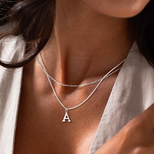 MBW Silver Initial Necklaces for Women, 14K Layered Initial Pendant Necklace Dainty Silver Figaro Choker Name Monogram Necklaces Costume Simple Tiny Jewelry Set for Women Trendy (Letter A) - Image 3