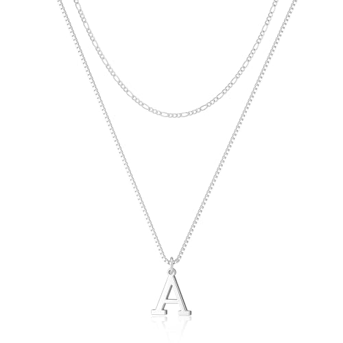 MBW Silver Initial Necklaces for Women, 14K Layered Initial Pendant Necklace Dainty Silver Figaro Choker Name Monogram Necklaces Costume Simple Tiny Jewelry Set for Women Trendy (Letter A) - Image 1
