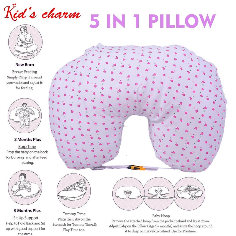 Kid's Charm Kids Charm Little Heart 3 PCS Combo Set 3 in 1 Babys Cotton Bed Cum Carry Bed6 in 1 Babys Cotton Feeding Pillow2 in 1 Babys Cotton Bed with Mosquito Net for 04 Months Pink - Image 5