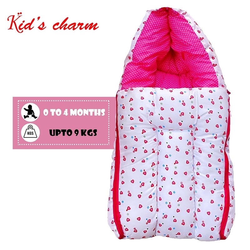Kid's Charm Kids Charm Little Heart 3 PCS Combo Set 3 in 1 Babys Cotton Bed Cum Carry Bed6 in 1 Babys Cotton Feeding Pillow2 in 1 Babys Cotton Bed with Mosquito Net for 04 Months Pink - Image 4