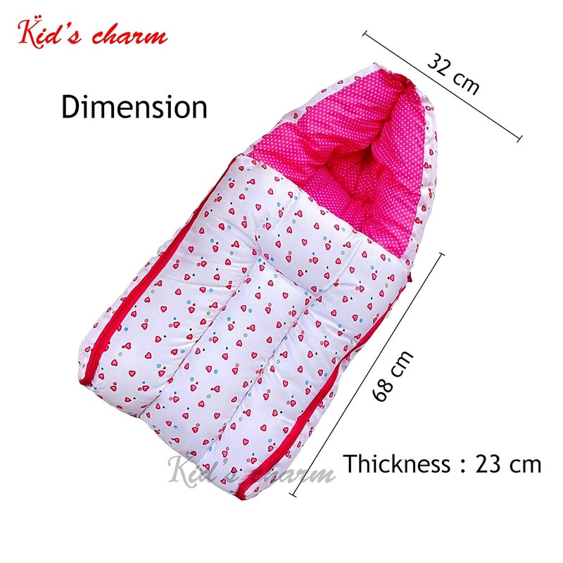 Kid's Charm Kids Charm Little Heart 3 PCS Combo Set 3 in 1 Babys Cotton Bed Cum Carry Bed6 in 1 Babys Cotton Feeding Pillow2 in 1 Babys Cotton Bed with Mosquito Net for 04 Months Pink - Image 3