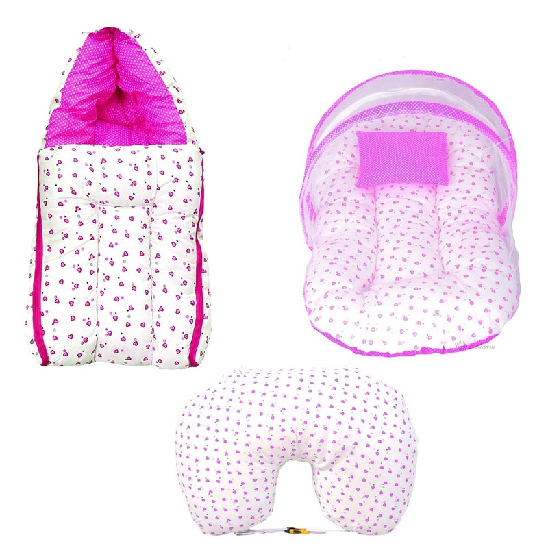 Kid's Charm Kids Charm Little Heart 3 PCS Combo Set 3 in 1 Babys Cotton Bed Cum Carry Bed6 in 1 Babys Cotton Feeding Pillow2 in 1 Babys Cotton Bed with Mosquito Net for 04 Months Pink - Image 1