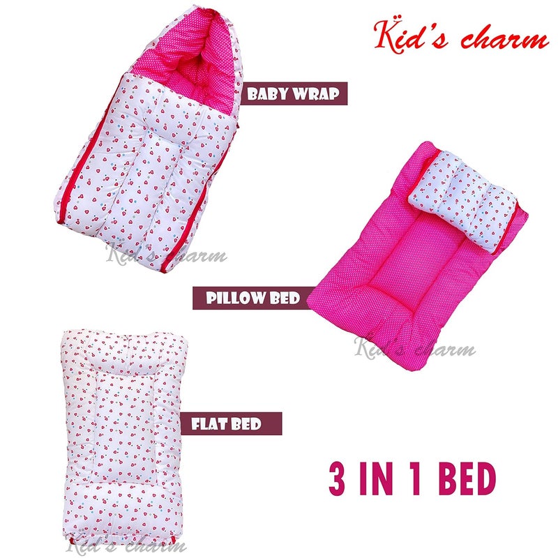 Kid's Charm Kids Charm Little Heart 3 PCS Combo Set 3 in 1 Babys Cotton Bed Cum Carry Bed6 in 1 Babys Cotton Feeding Pillow2 in 1 Babys Cotton Bed with Mosquito Net for 04 Months Pink - Image 2
