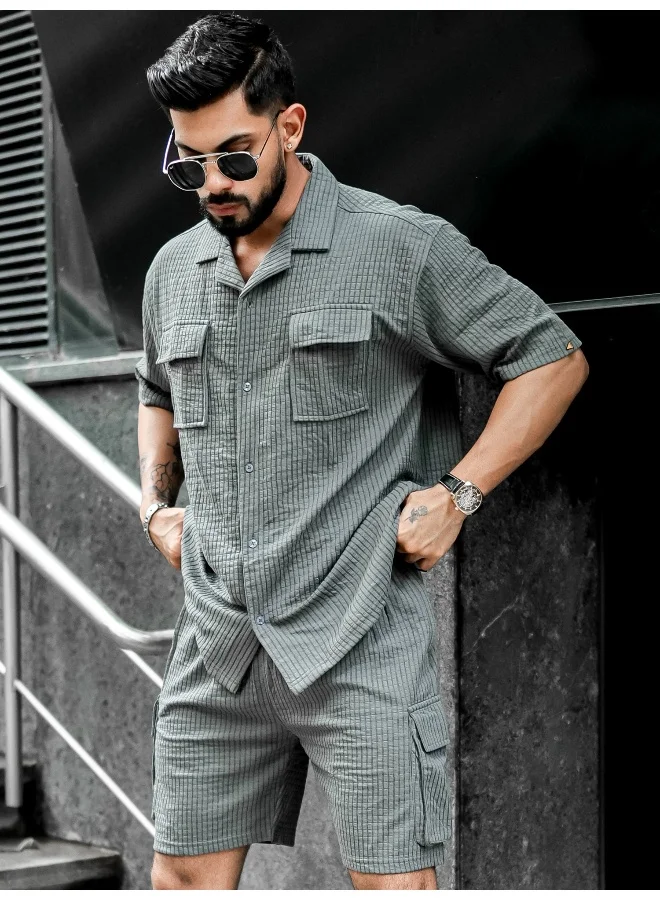 Maniac Maniac Mens Solid Textured Half Sleeve Beige T-shirt and Shorts Cotton Blend Jacquard Fabric Shirt