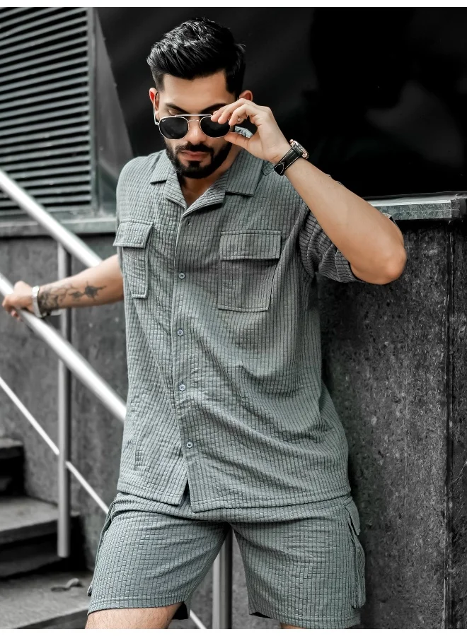 Maniac Maniac Mens Solid Textured Half Sleeve Beige T-shirt and Shorts Cotton Blend Jacquard Fabric Shirt