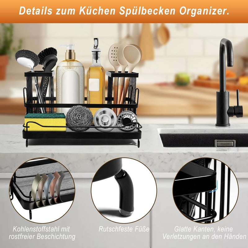 wishfly Sink Organiser with Instant Drying Stone and 2 Brush Holders, Carbon Steel Sink Organiser, Kitchen Sponge Holder, Space Saving Storage Shelf for Bathroom Vanity, Rustproof - Image 4